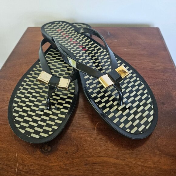 COACH New York Landon Black Thong Jelly Flip Flops Sandals with Gold Bow Size 7 - Picture 1 of 11
